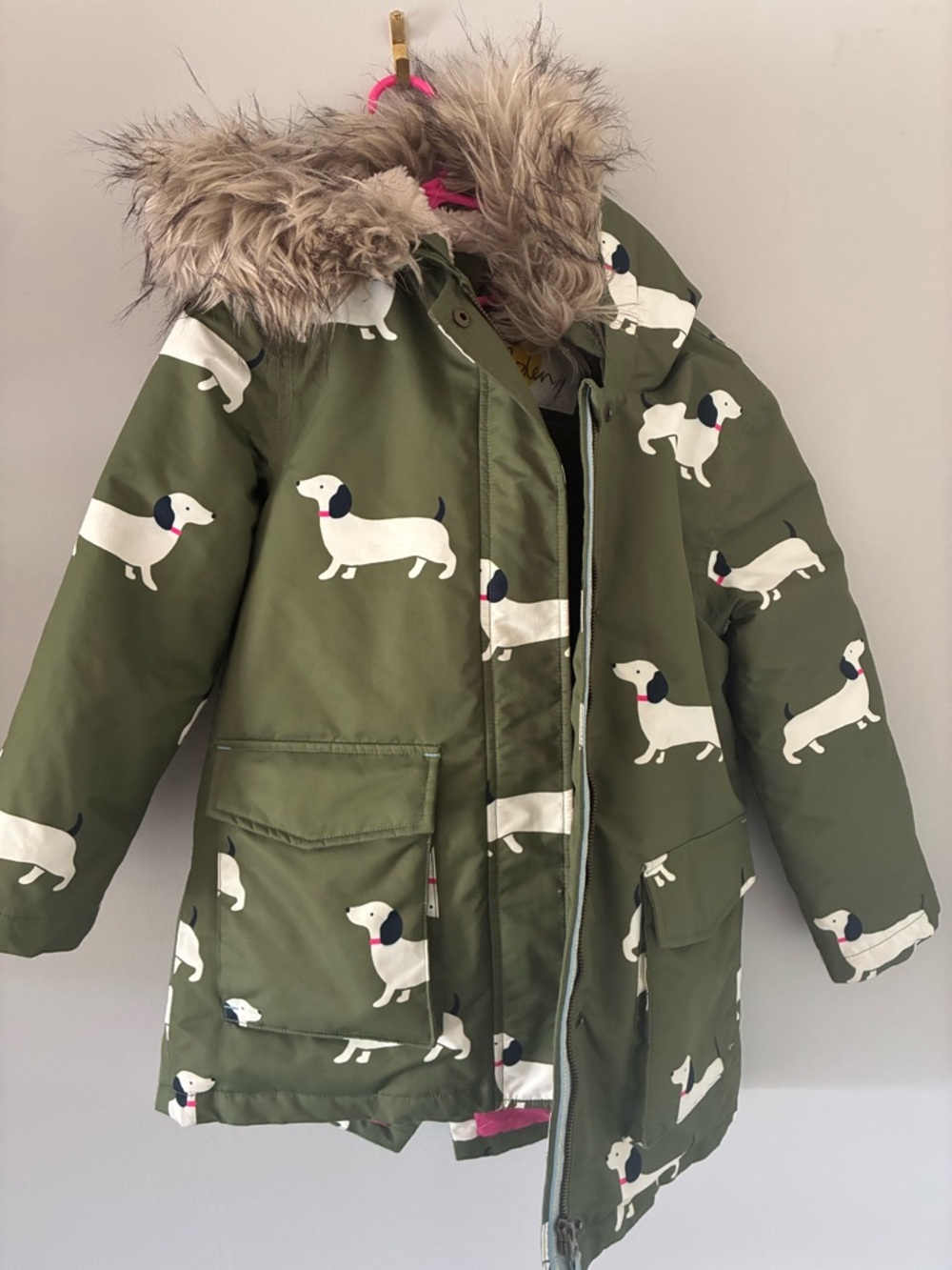 Boden Olive Green Puffer Jacket with Yellow Logo Label